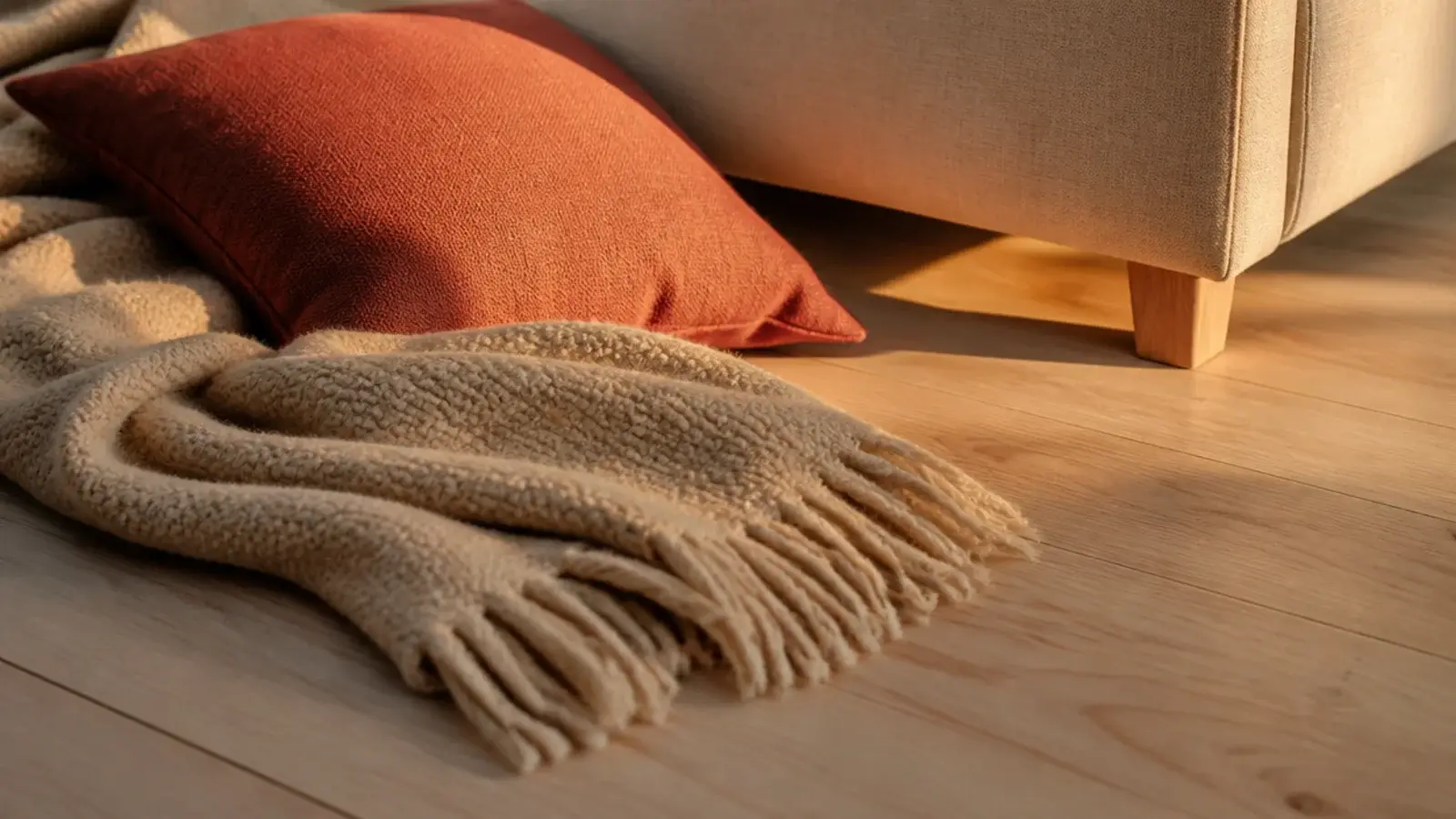 oatmeal wool throw and terracotta cushion on a pale timber floor