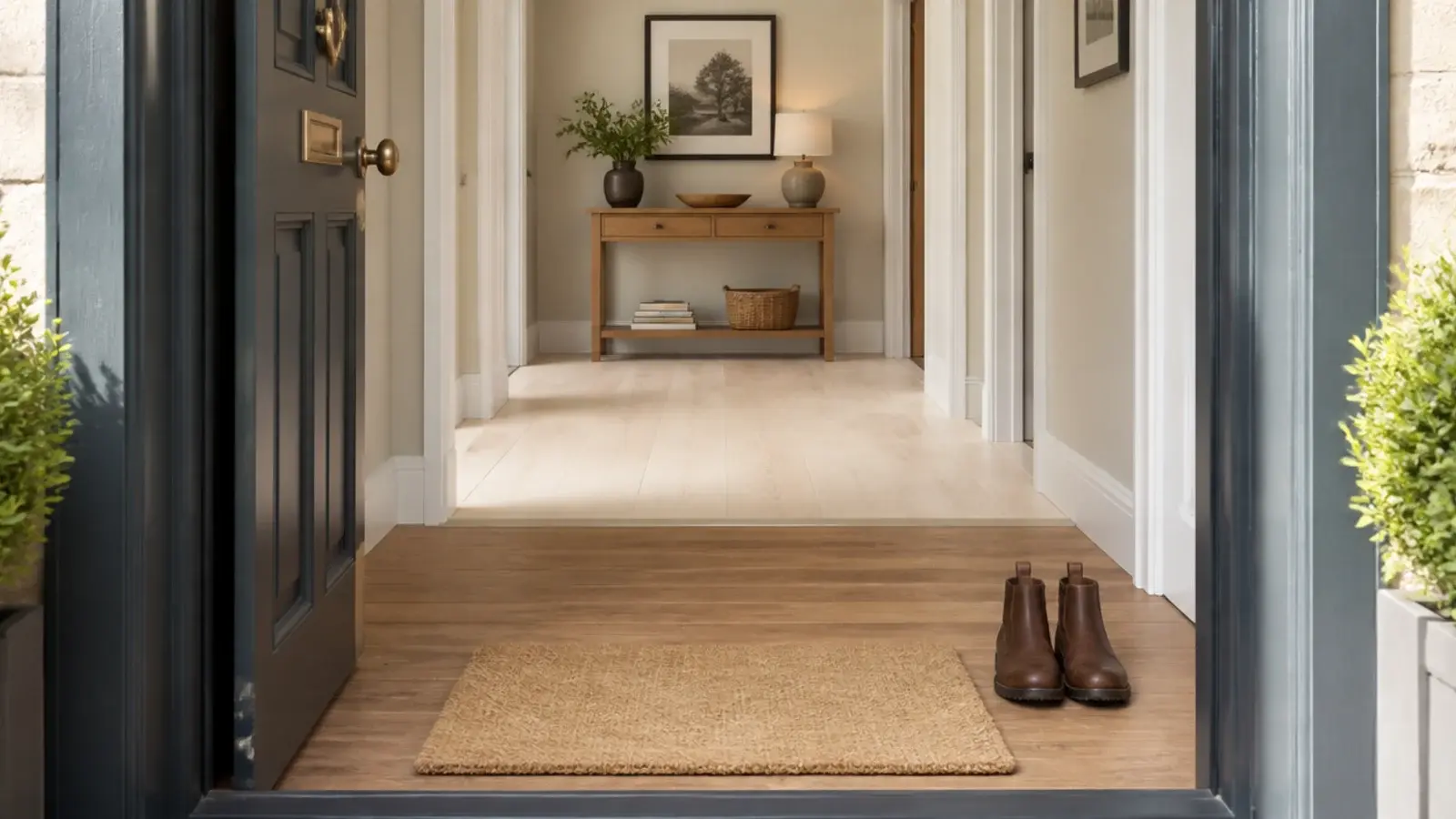 mid tone timber inside a front door meeting paler boards beyond