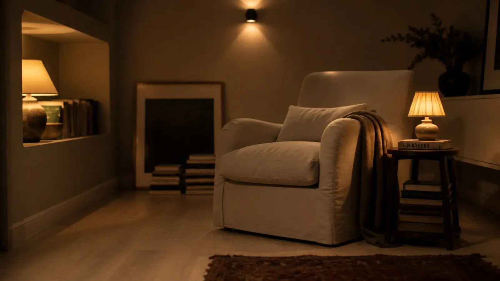 pale timber floor in a lower ground room lit by warm lamplight