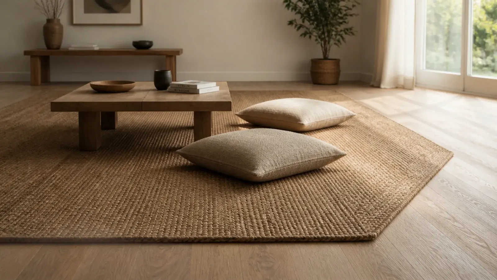 large jute rug laid over pale oak leaving a border of bare timber