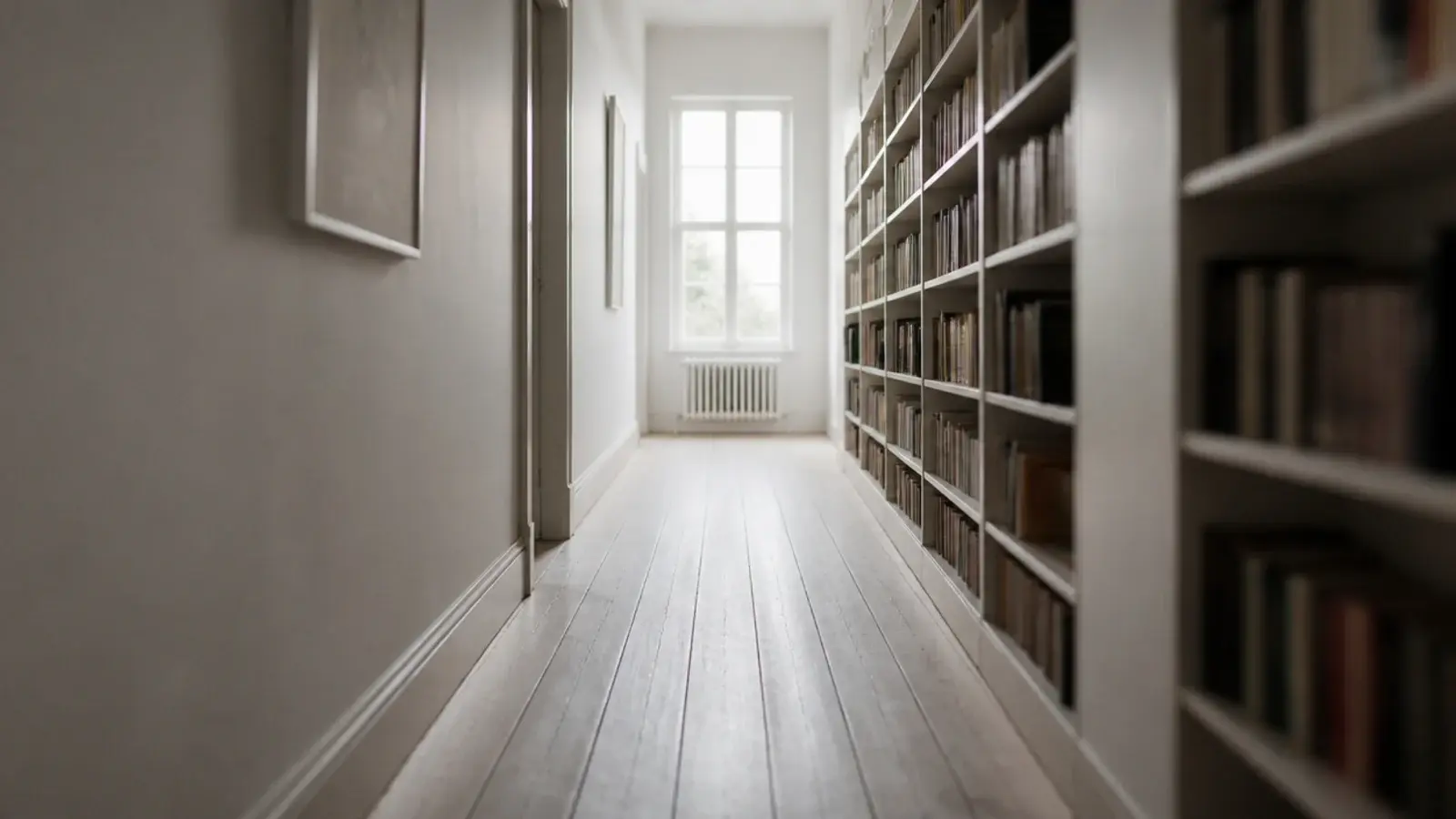 pale planks running away down a narrow room toward a bright window