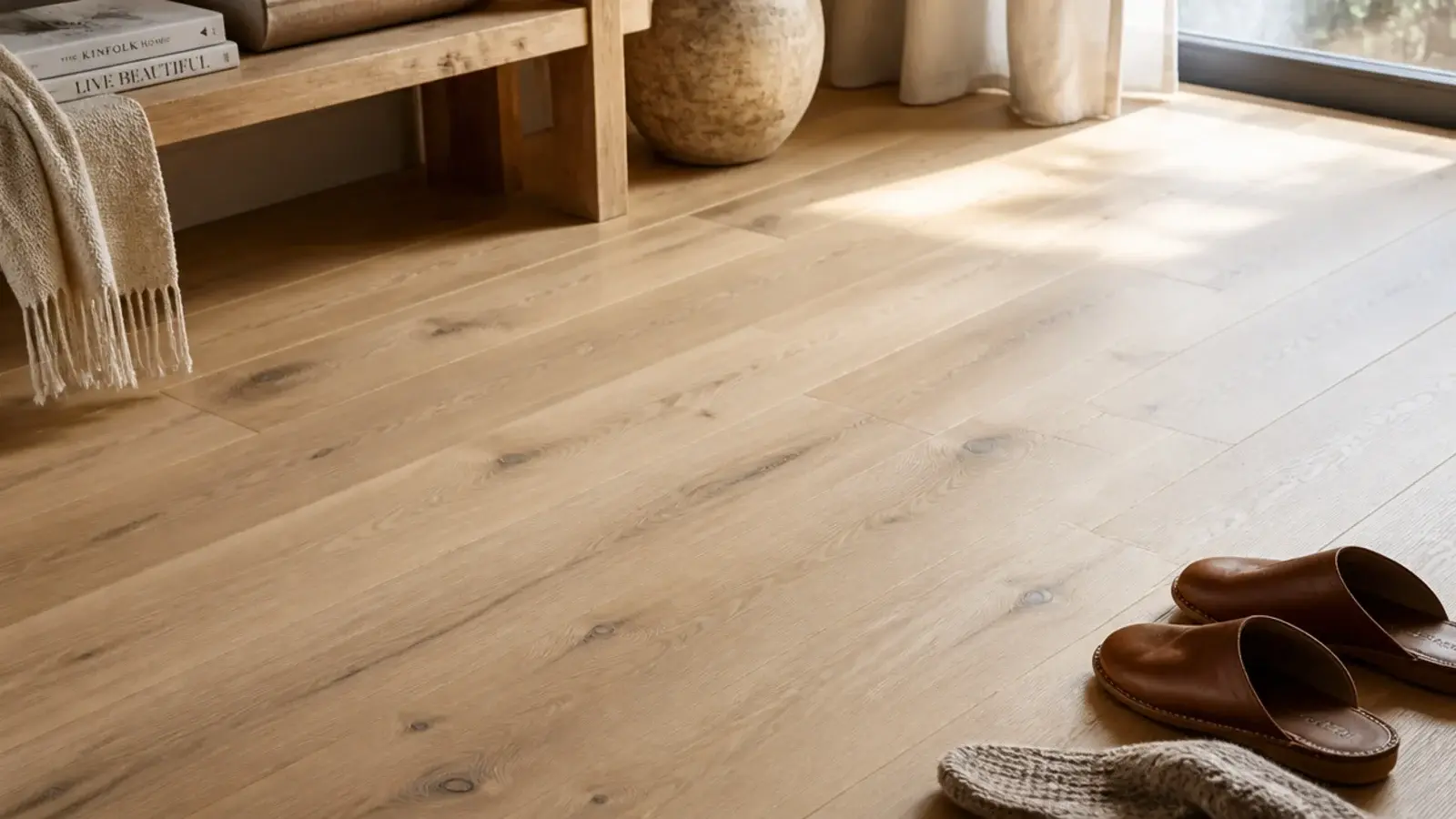 pale oak with sound knots and colour variation across a bright floor