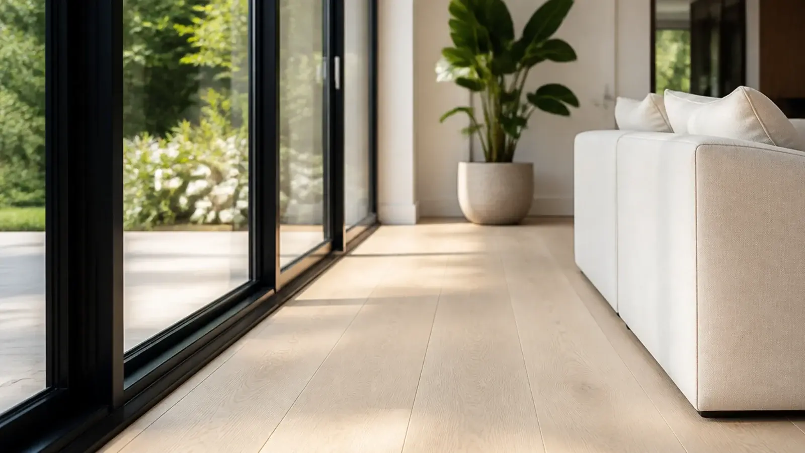 pale boards below slim black framed glazing in a bright extension