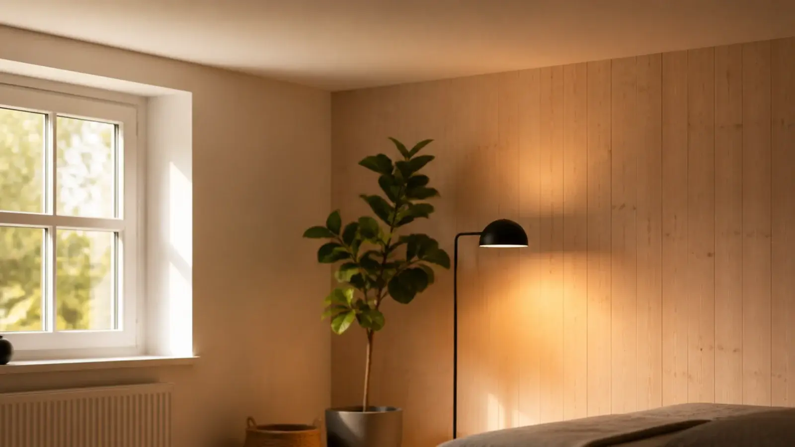 warm white ceiling above pale boards with soft light between them
