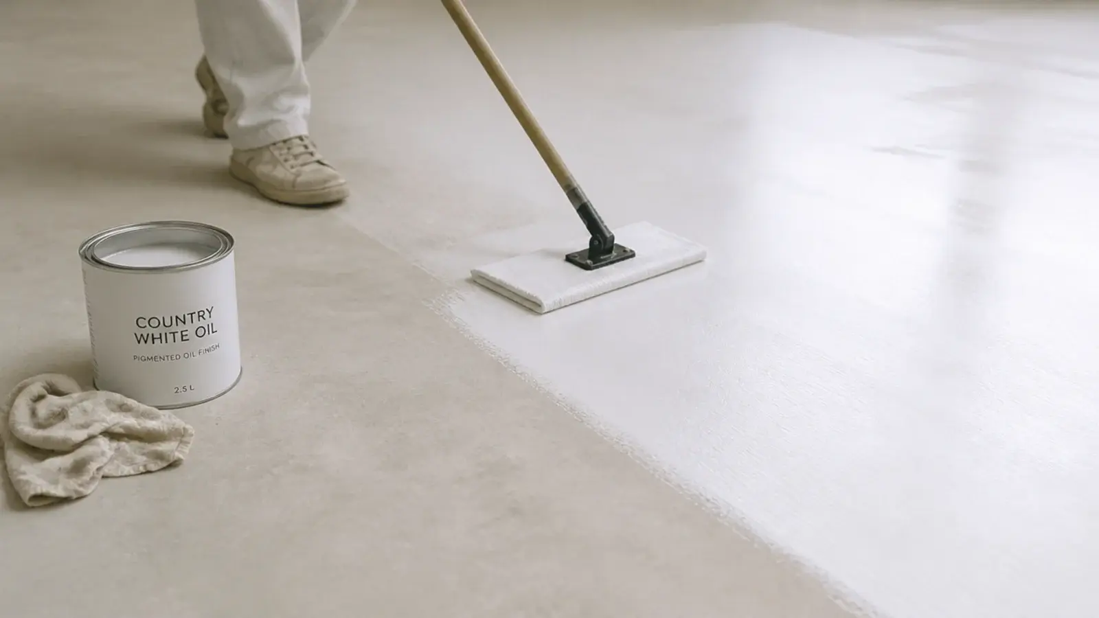white oil being reapplied to a pale floor with a flat applicator pad