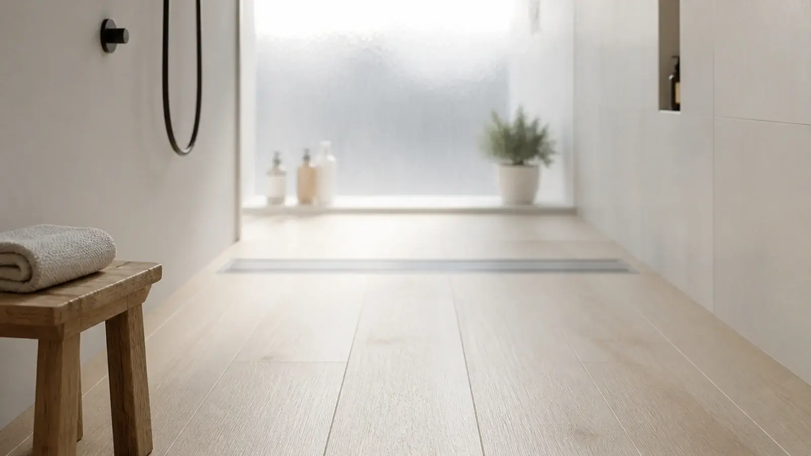 pale wood effect planks running across a bright shower room floor