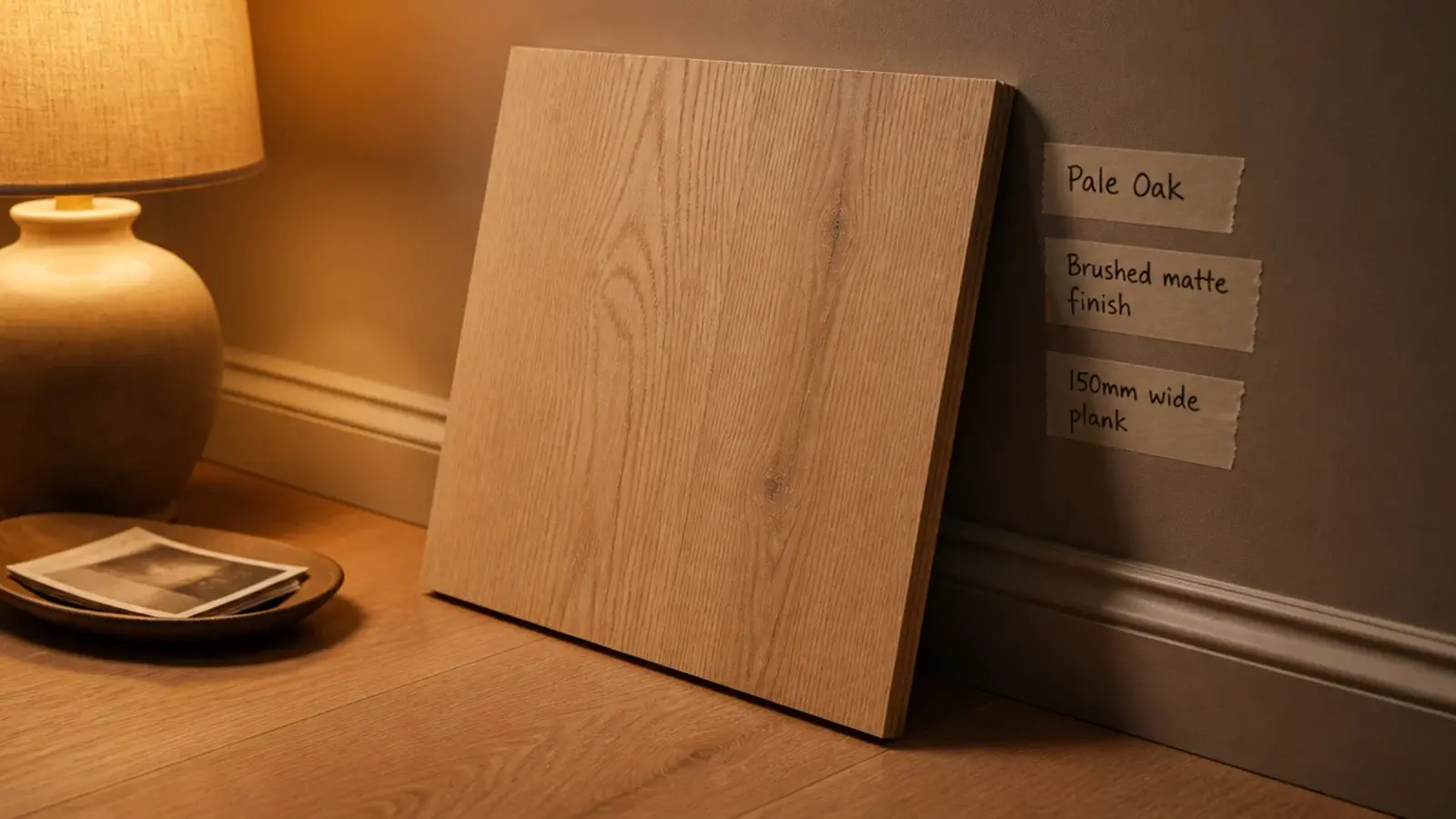 pale floor sample propped in a dim room lit only by a table lamp