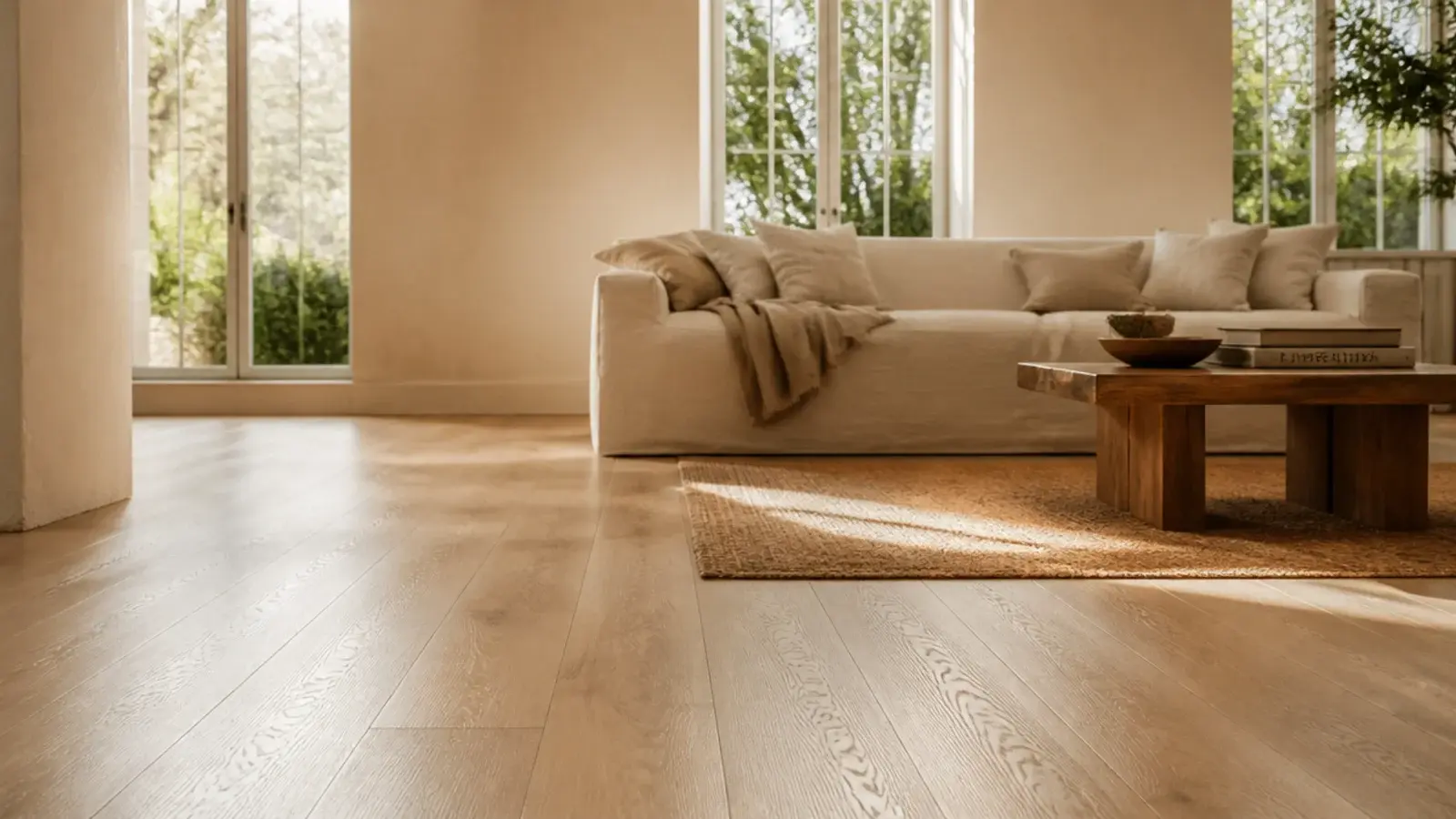 light wooden flooring in pale oak brightening a room with tall windows