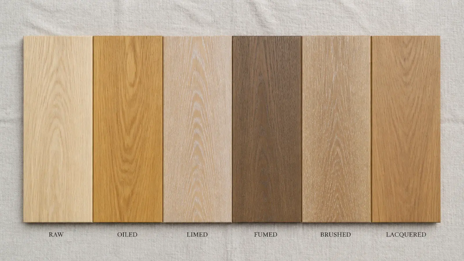 oak wooden flooring samples in six finishes laid out for comparison
