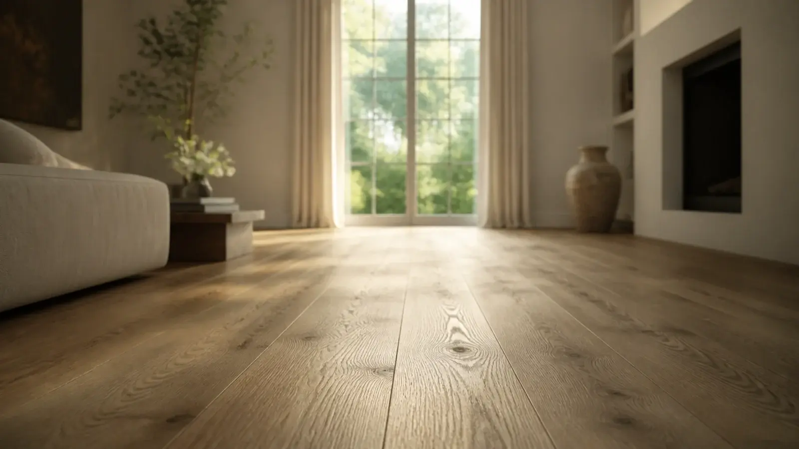 wide oak wooden flooring running toward a window in a calm living room