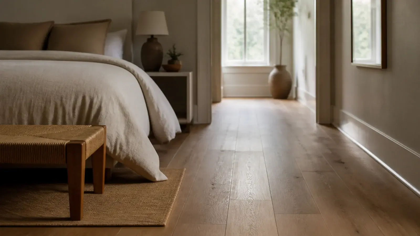 warm oak wooden flooring in a bedroom running past a low linen bed