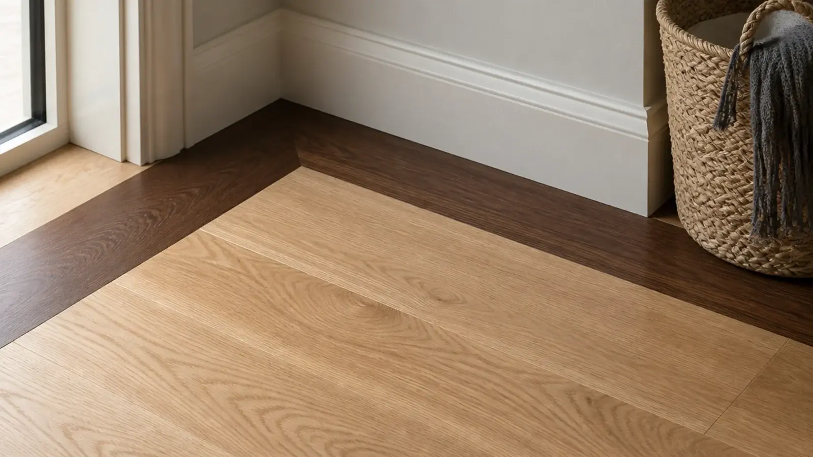 walnut border running around the edge of a pale oak field floor