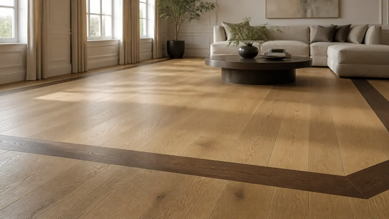 designed oak wooden flooring with a contrasting border framing a wide room