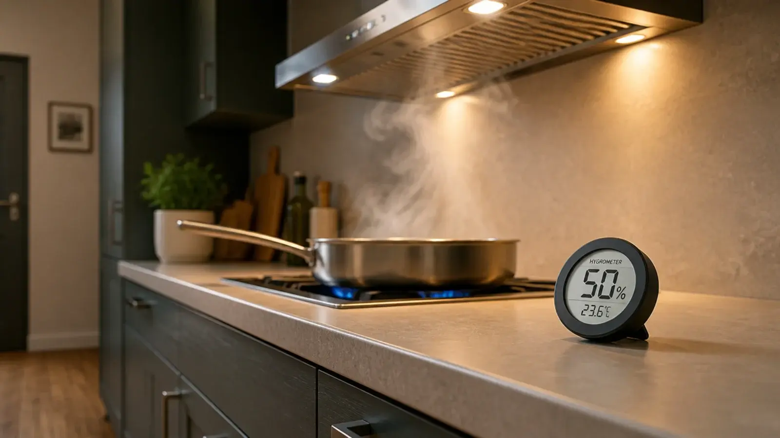 hygrometer on a kitchen worktop beside a pan with the extractor running
