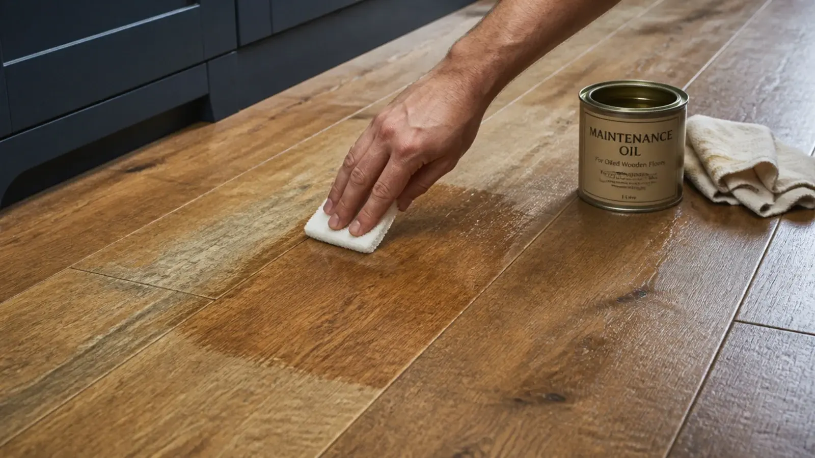 maintenance oil being worked into a worn patch of kitchen flooring