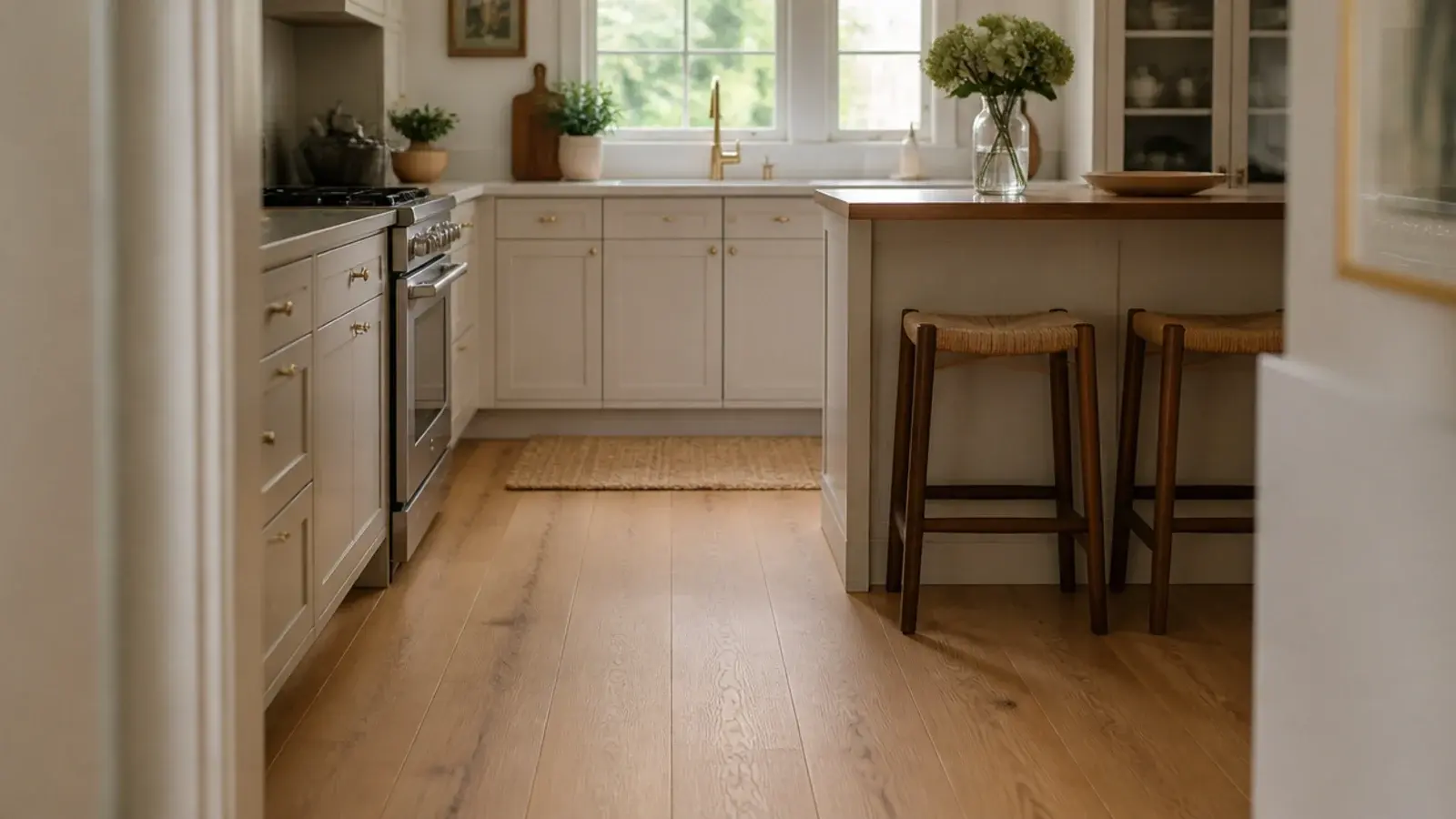 wooden flooring in a kitchen running past pale cabinets and an island