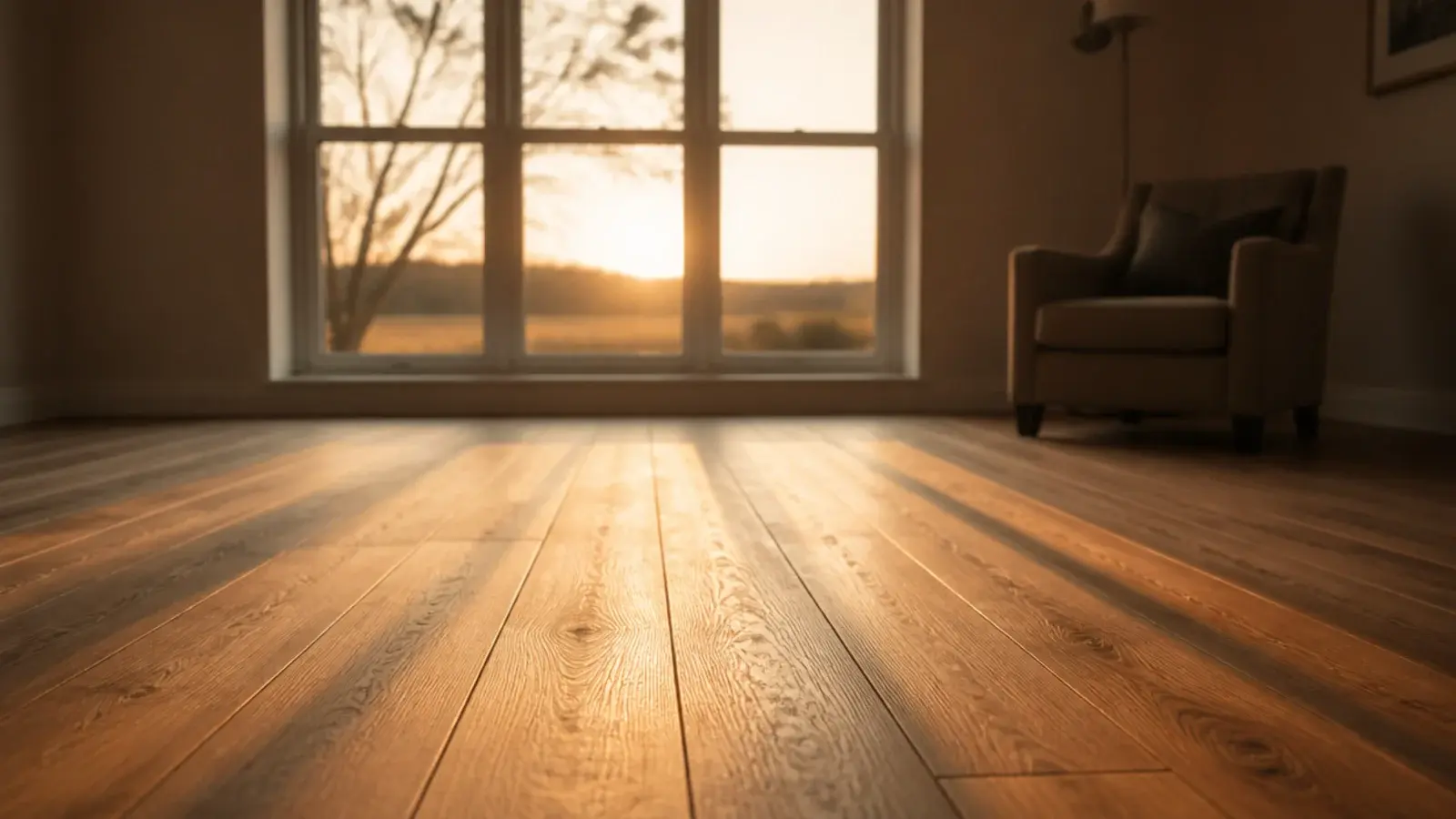 oak boards running directly toward a wide window in a sitting room
