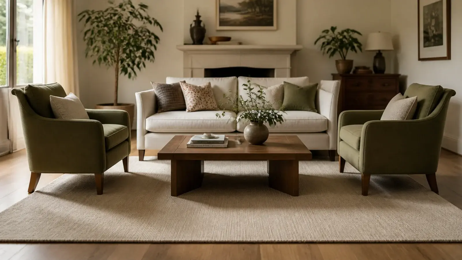sofa and two armchairs with front legs resting on one large rug
