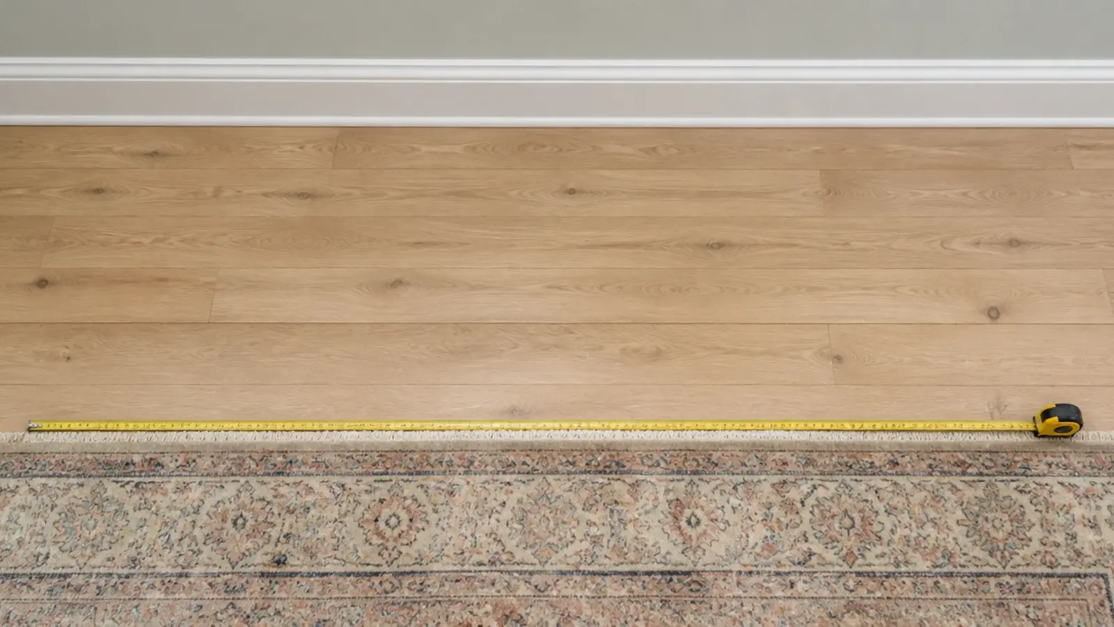 wide band of bare oak boards between a rug edge and the skirting