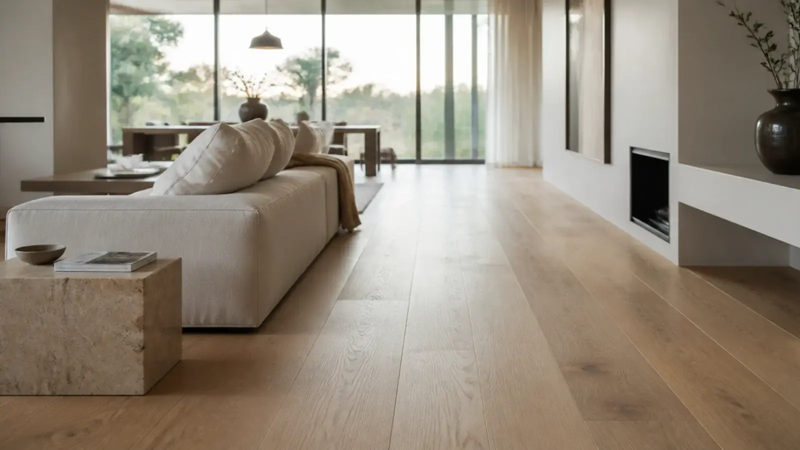 very wide oak planks stretching across a generous open living space