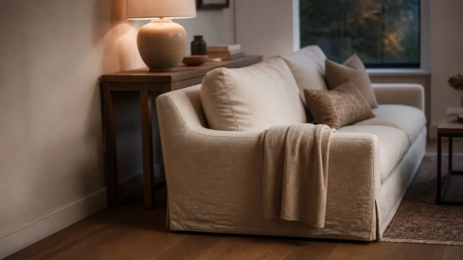 sofa standing a hand width away from a wall on oak boards