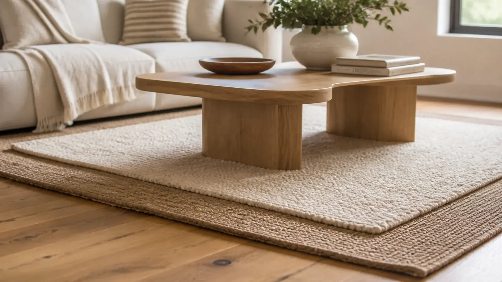 smaller wool rug layered centrally on a larger jute rug