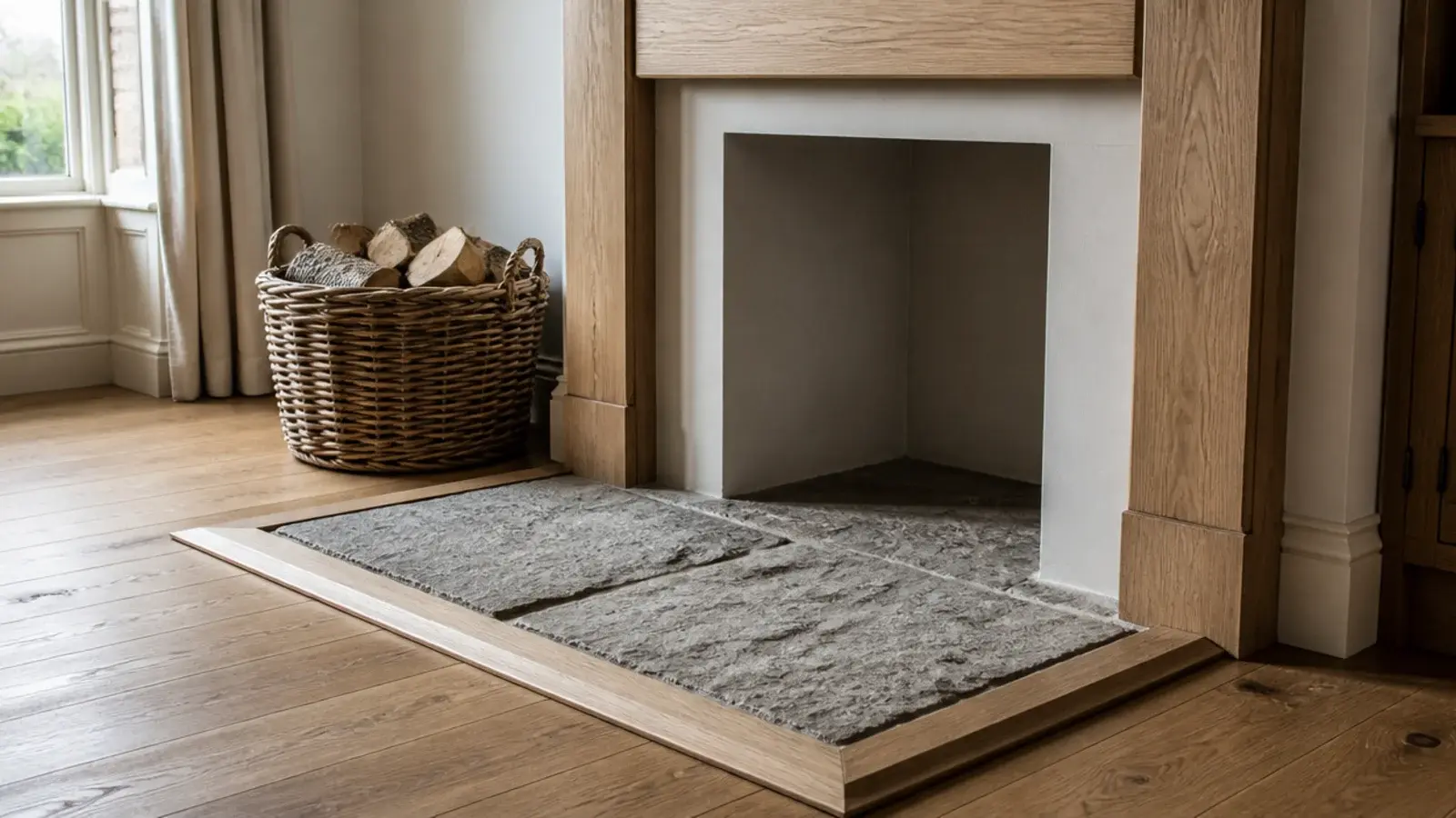 timber frame around a stone hearth set into living room floorboards