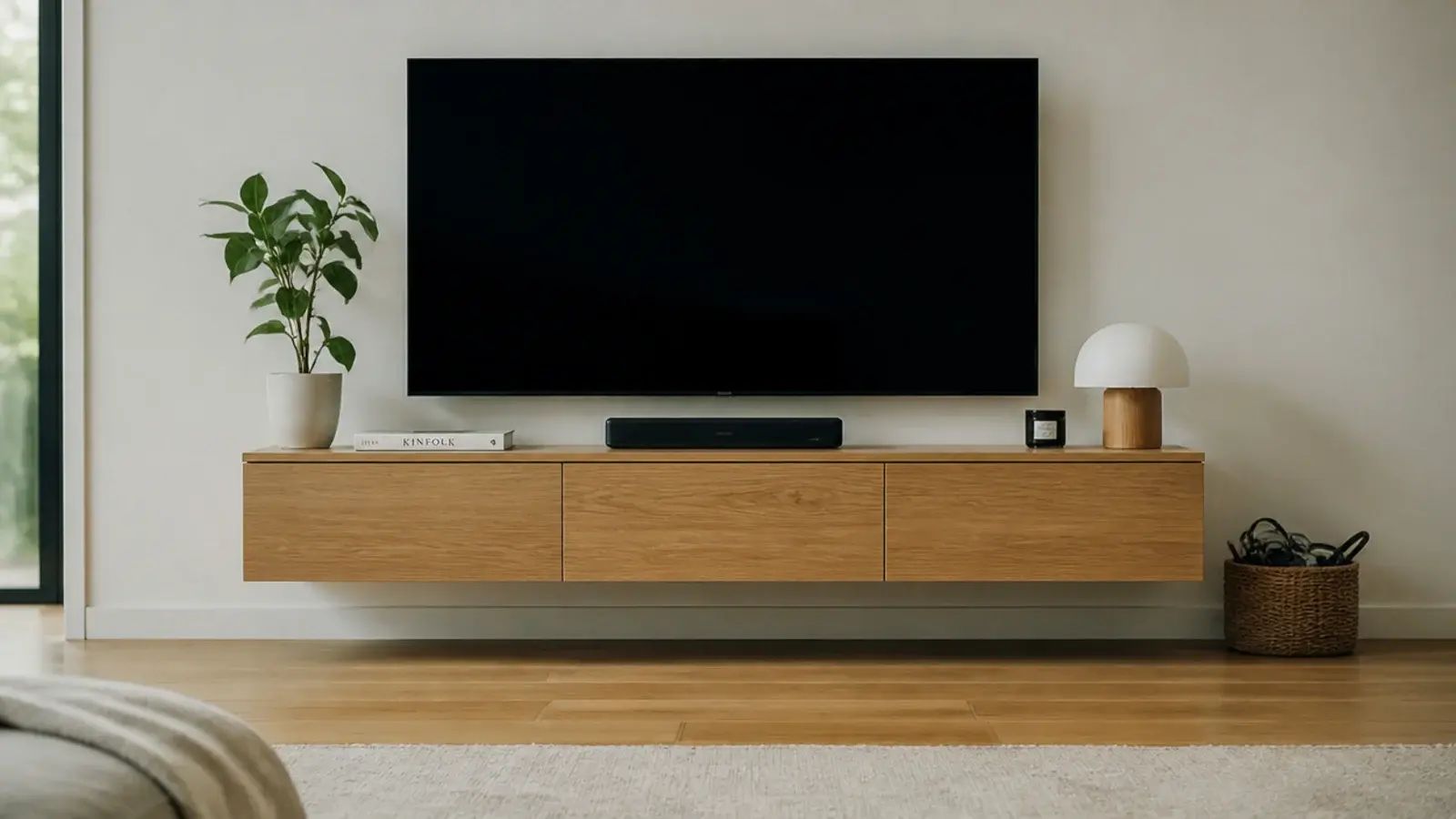 wall mounted media unit above unbroken floorboards with no legs
