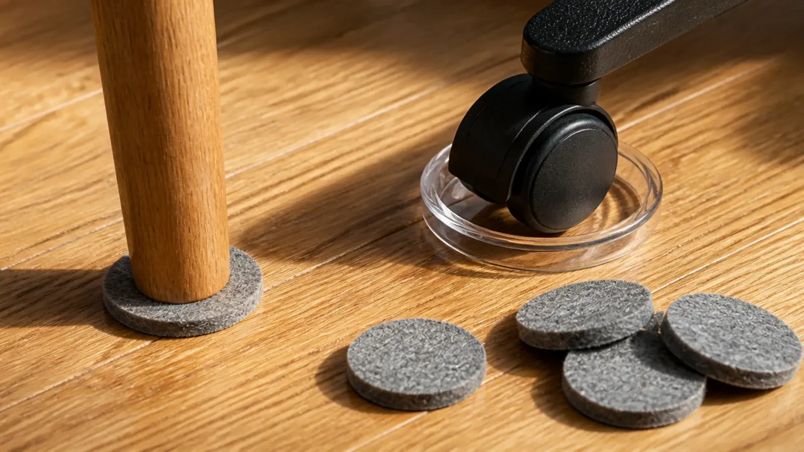 felt pad and castor cup shown beneath two different furniture legs