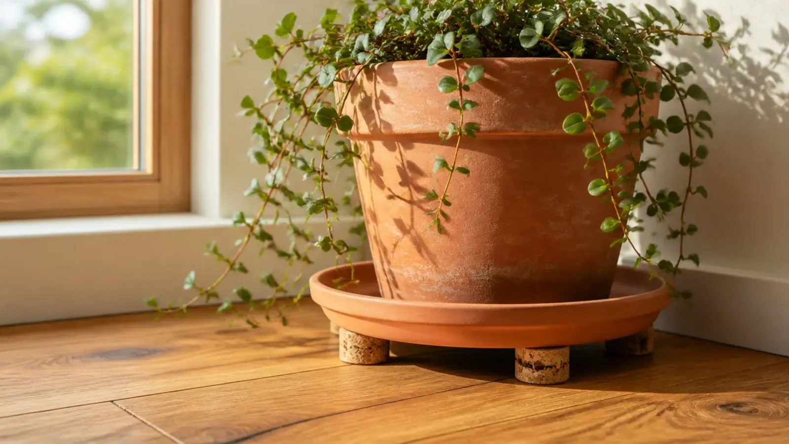 terracotta pot on a saucer raised by cork spacers above floorboards
