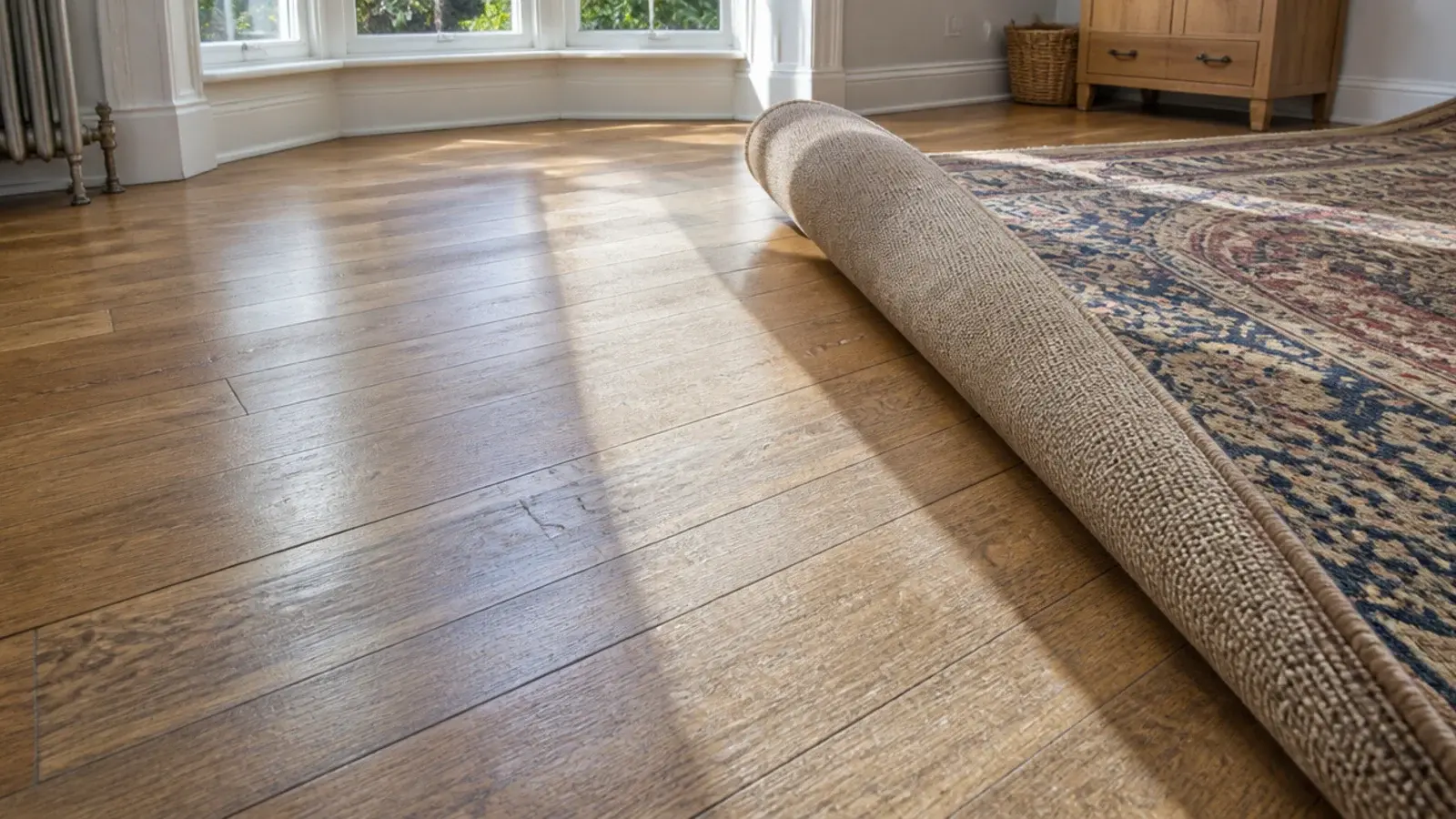 faint tone line on floorboards where a rug edge sat for years