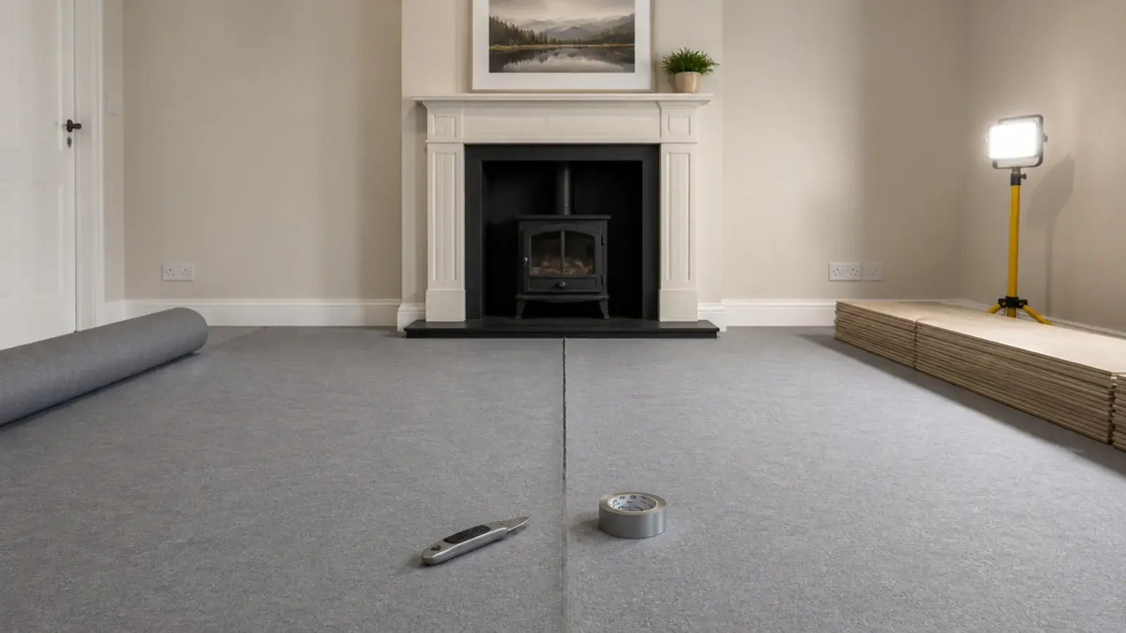 acoustic underlay rolled out across a living room floor before boards