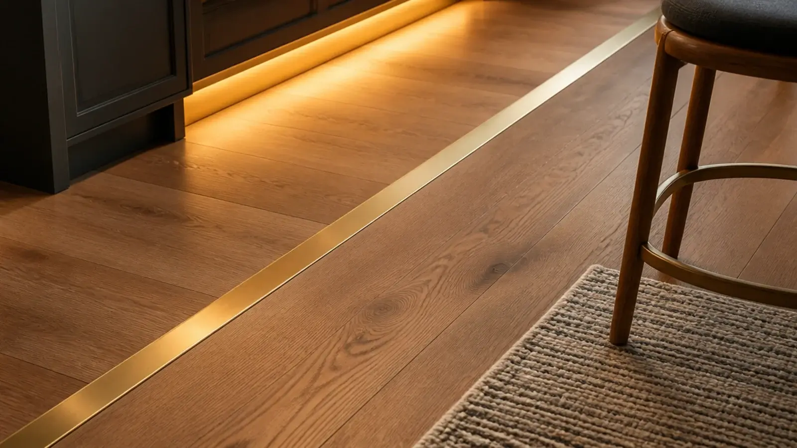 brass inlay strip crossing the floor between a kitchen and seating area