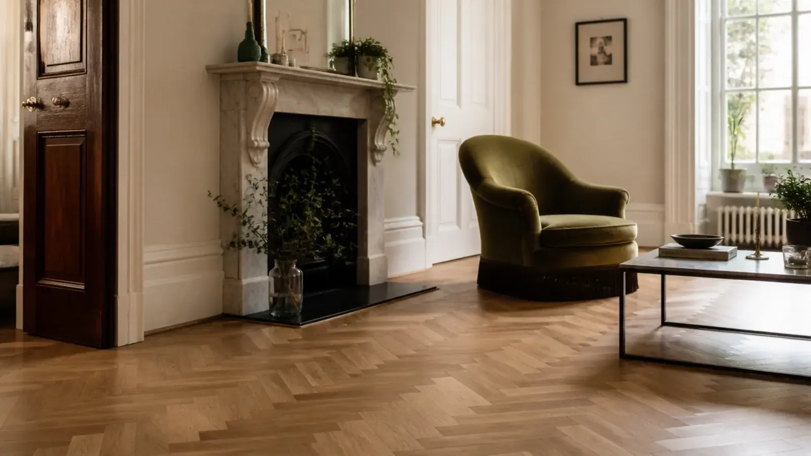 oak herringbone blocks filling a period sitting room with deep skirting