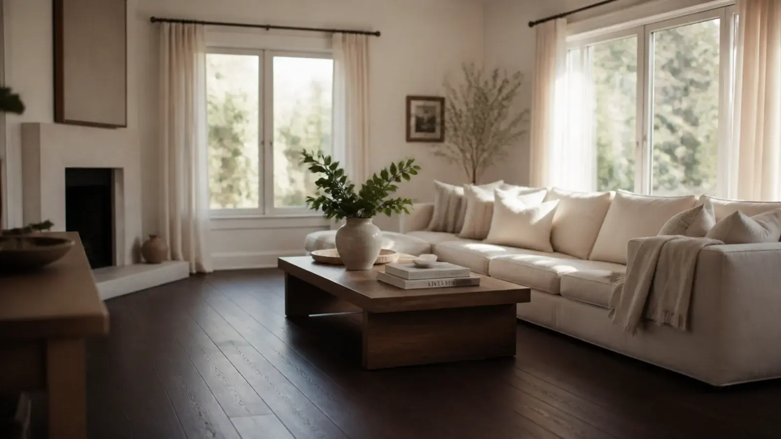 dark timber floor in a corner room with windows on two walls