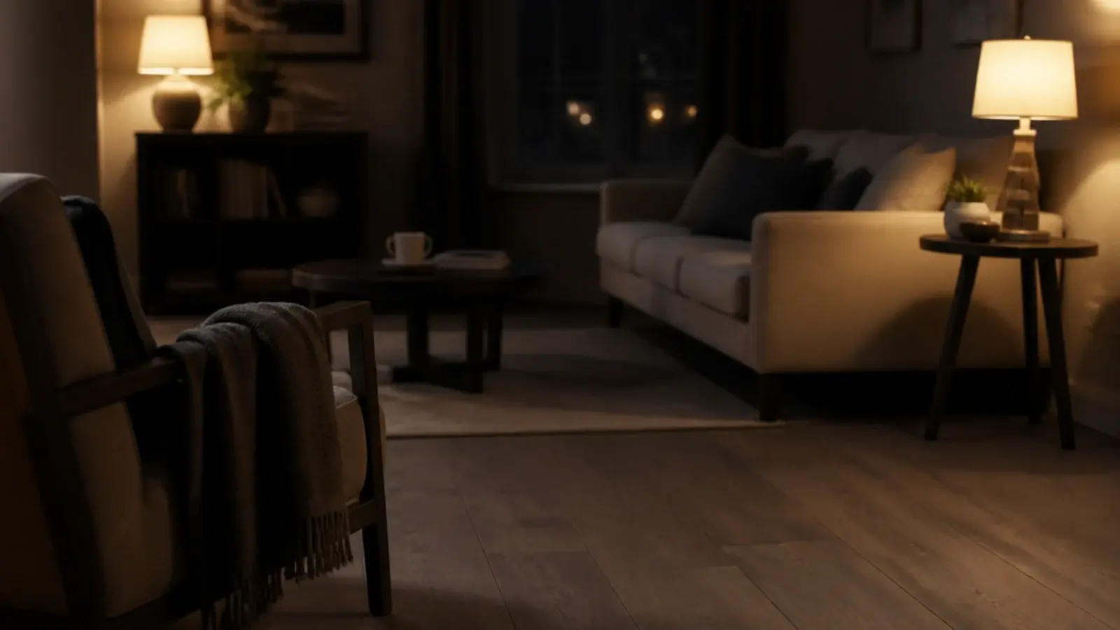 matte floorboards under warm lamplight showing no reflected glare