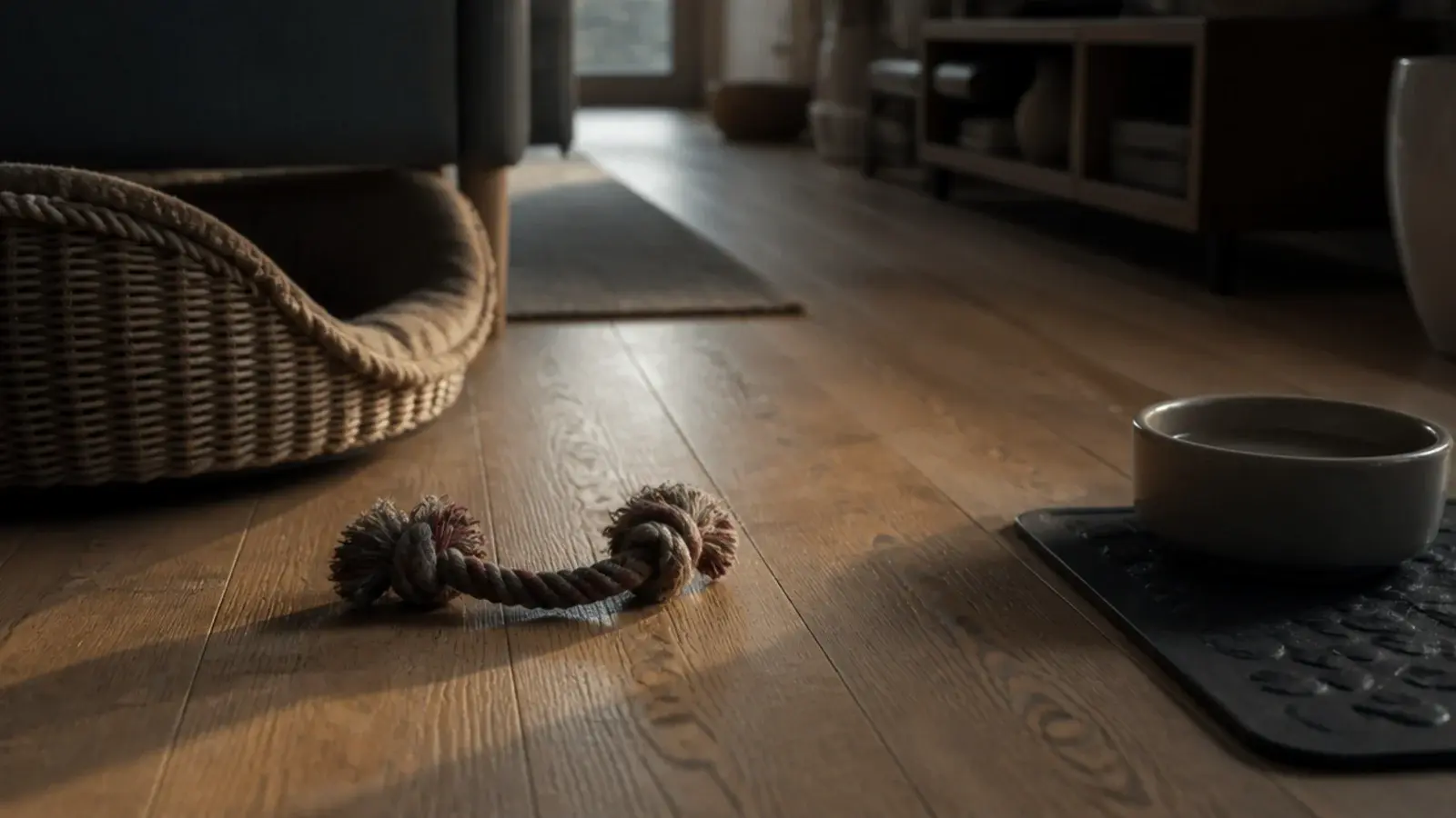 wire brushed oak floor with a dog bed and a chewed toy nearby