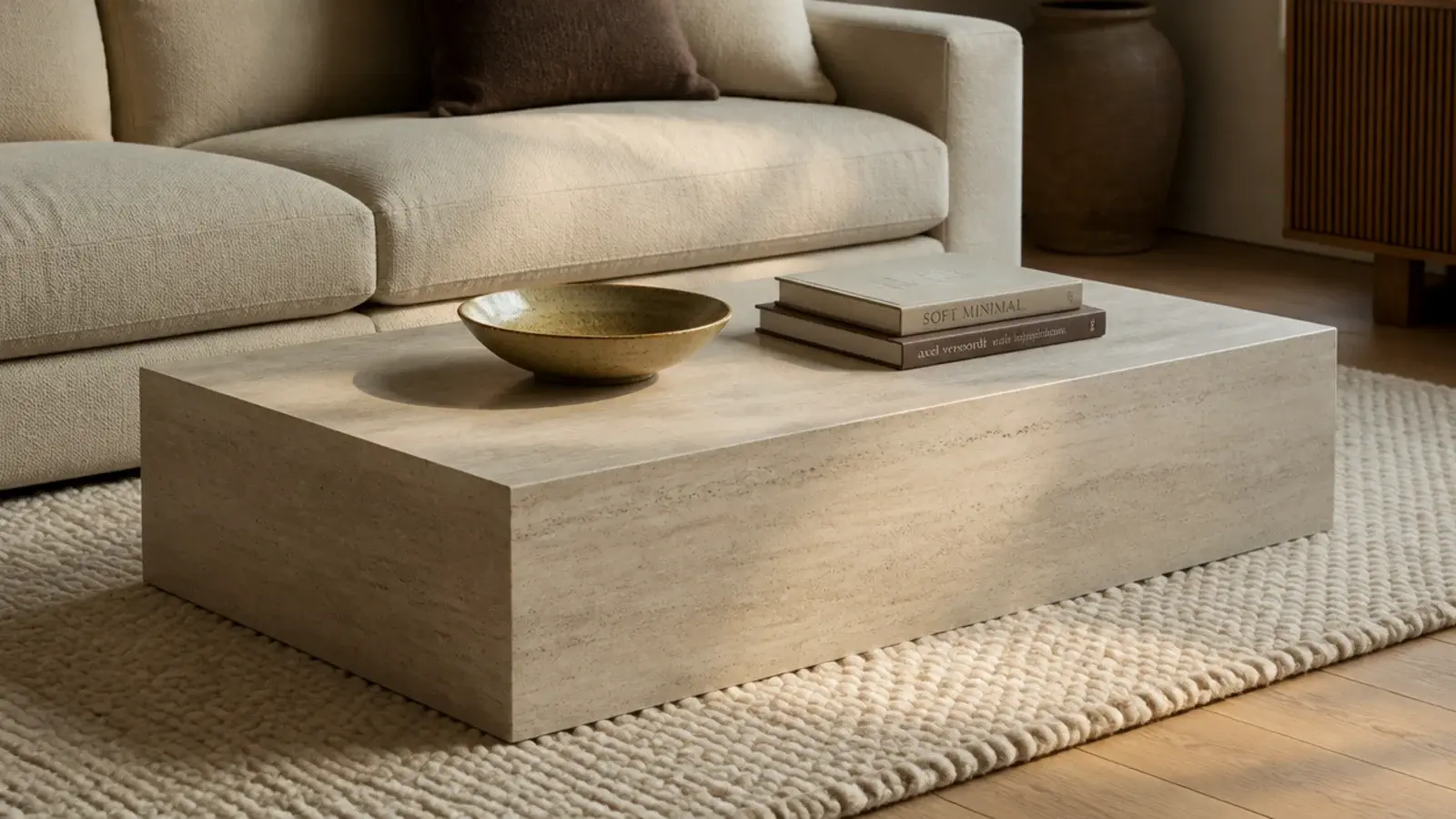 solid plinth base coffee table standing steady on a thick rug