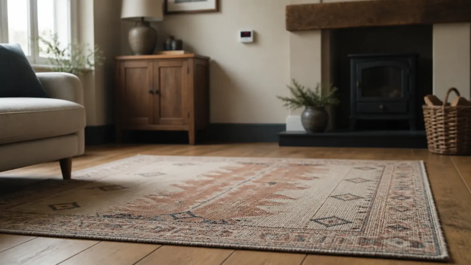 thin flatweave rug over a heated timber floor in a warm sitting room