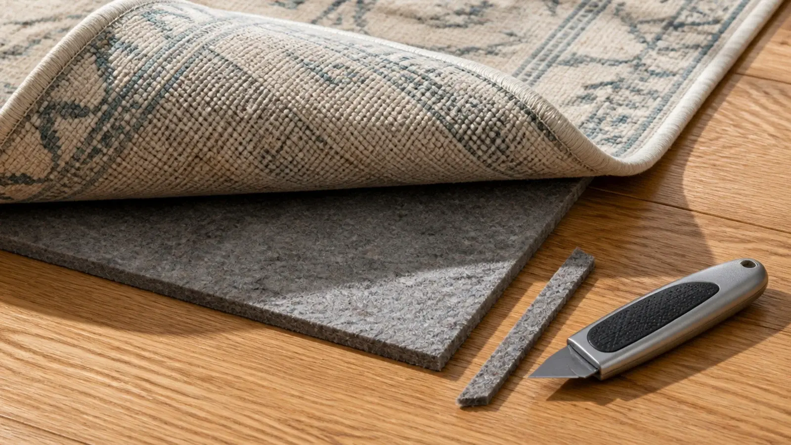 felt rug pad partly visible beneath a rolled back rug corner