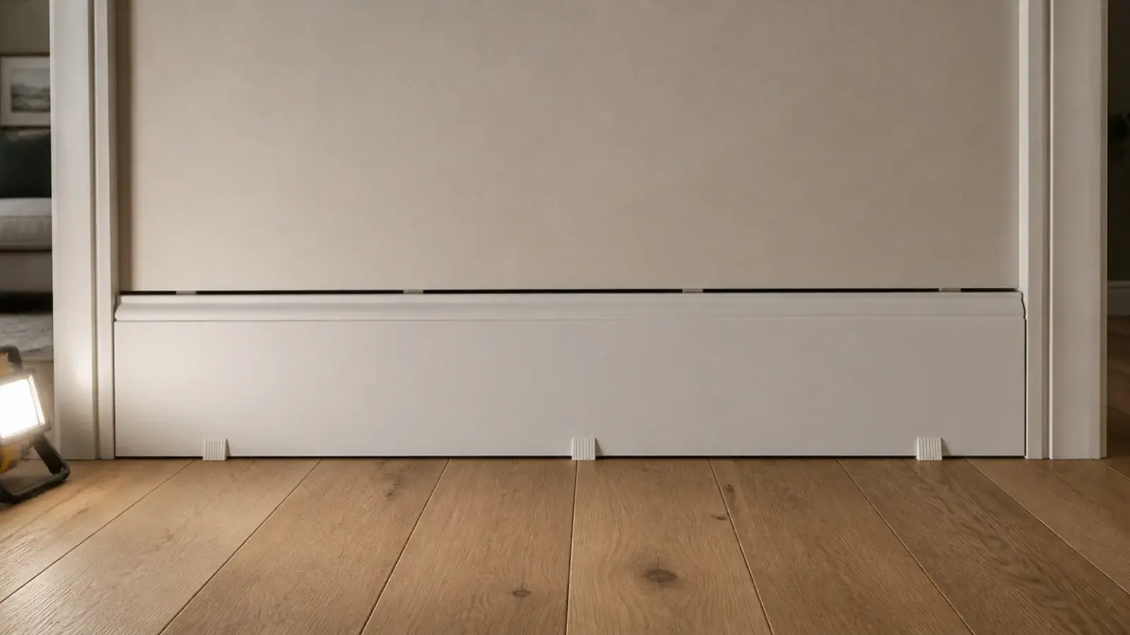 tall skirting board covering the expansion gap along a living room wall