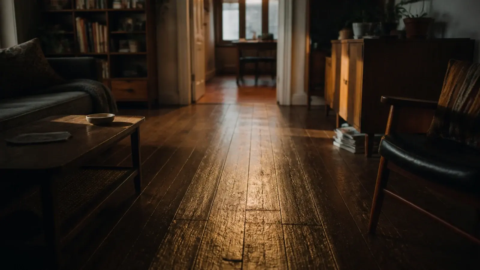 worn traffic lane visible across living room boards toward a doorway
