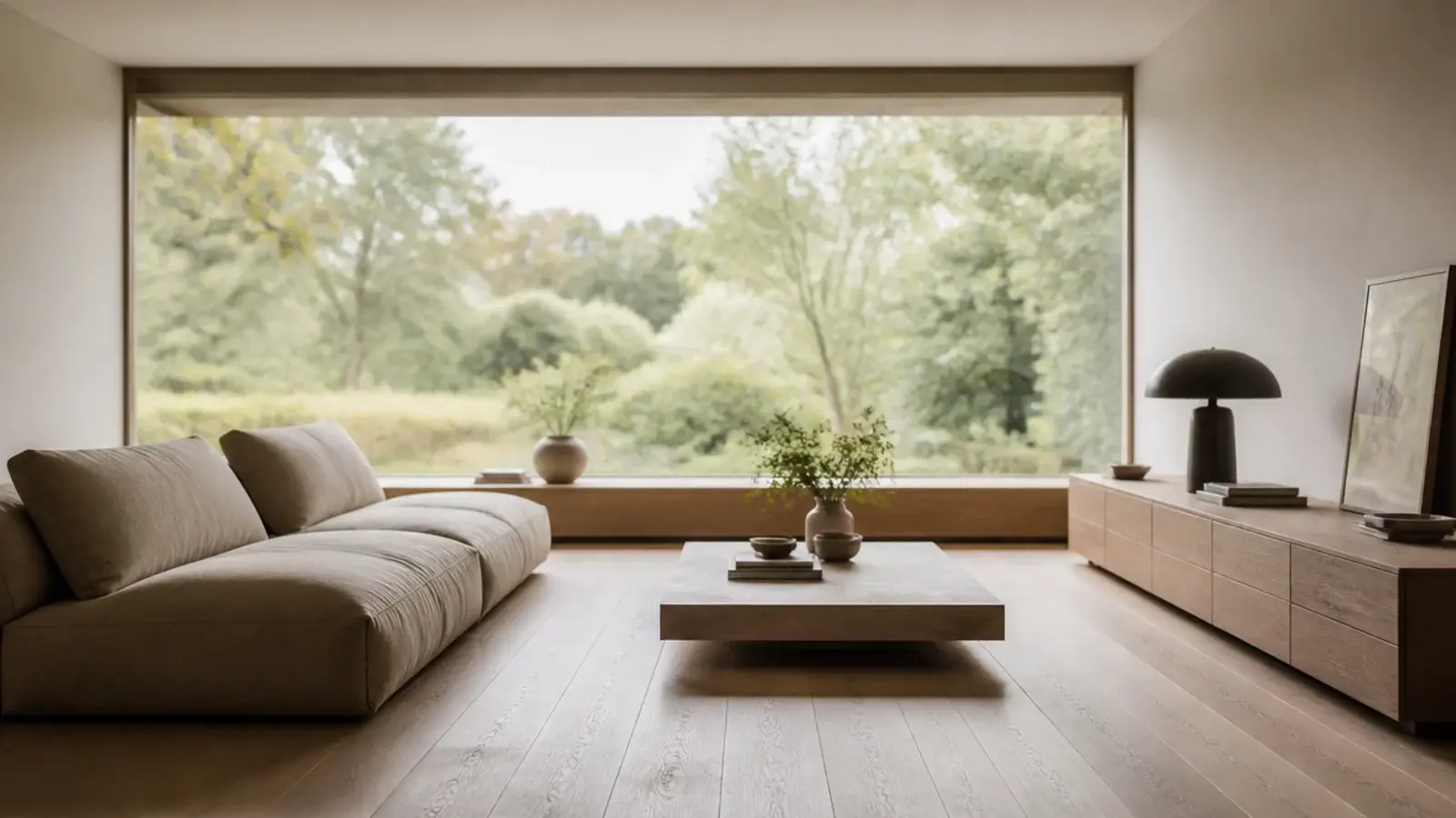 low slung furniture arranged on very wide floorboards in a calm room