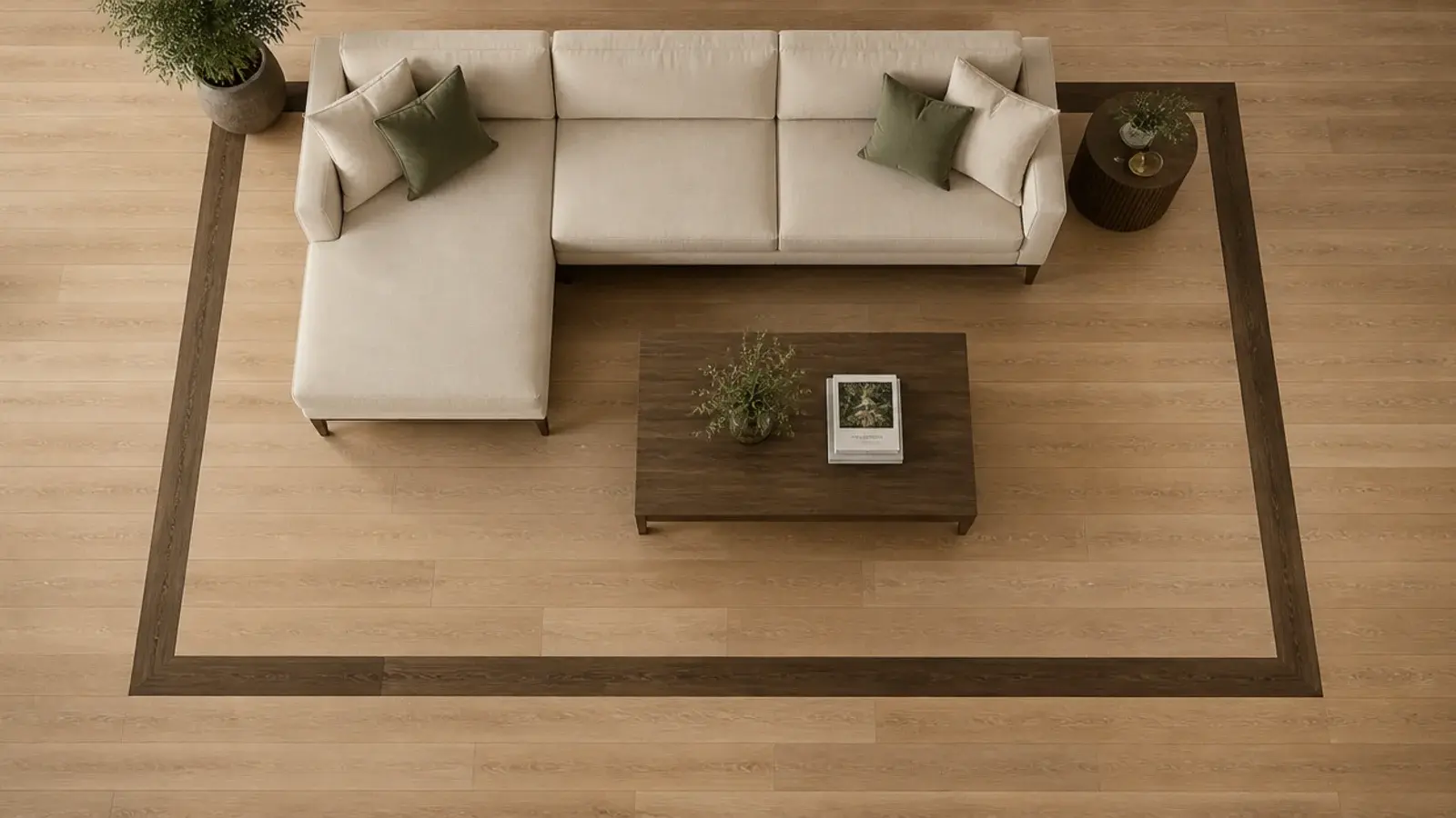 darker timber border marking a seating zone within one floor