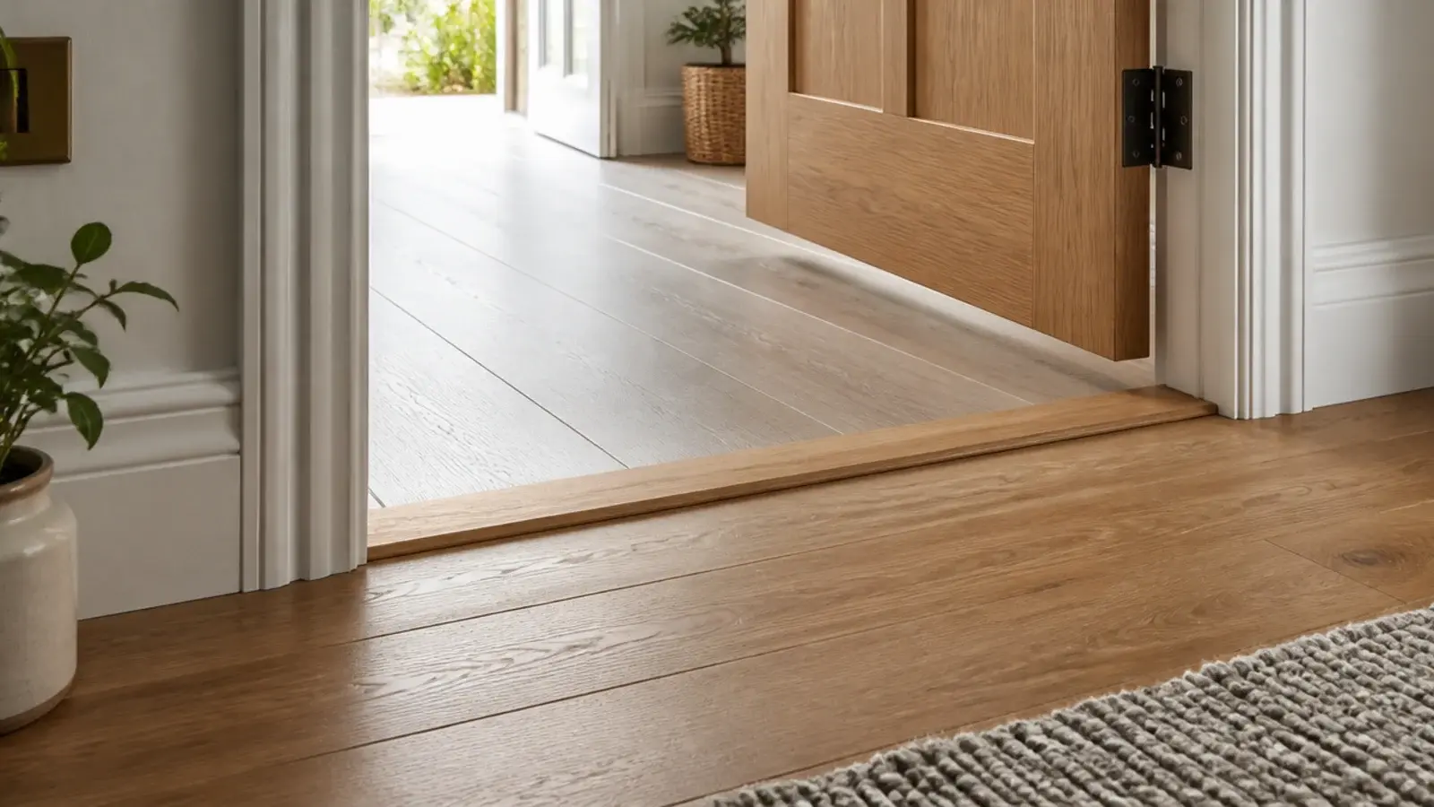 flush timber threshold set level in a living room doorway opening