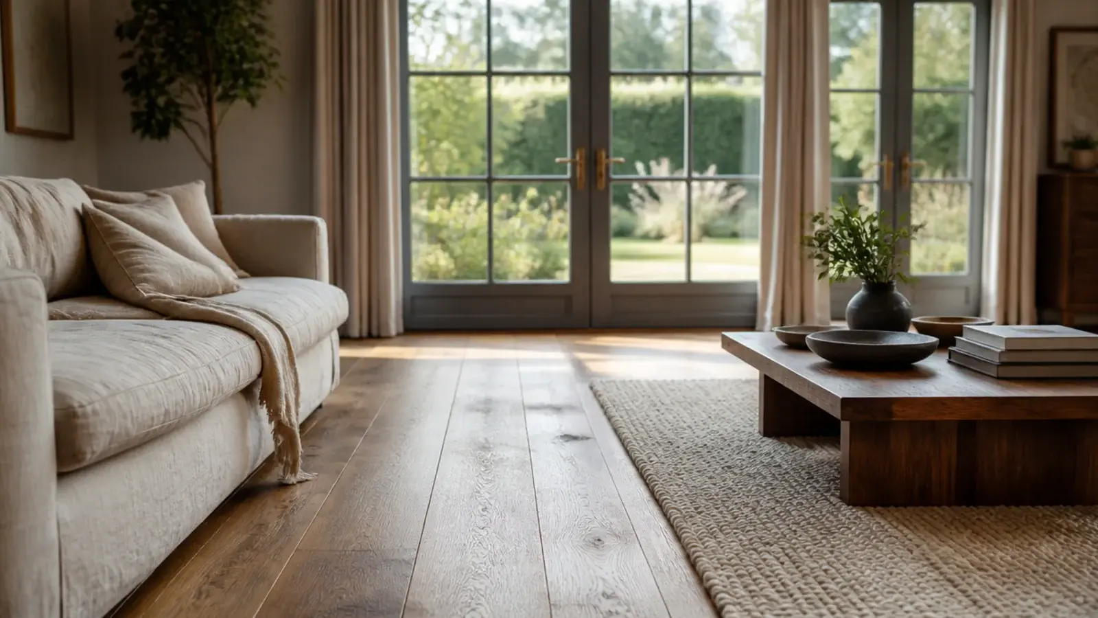 wooden flooring in a living room running toward tall glazed garden doors