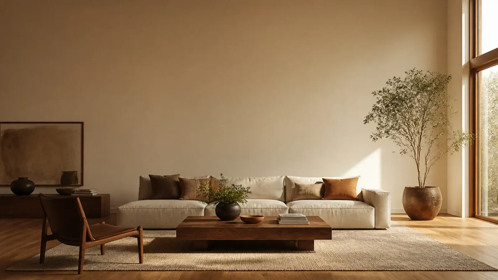 tall living room view of oak flooring a wool rug and low sofa