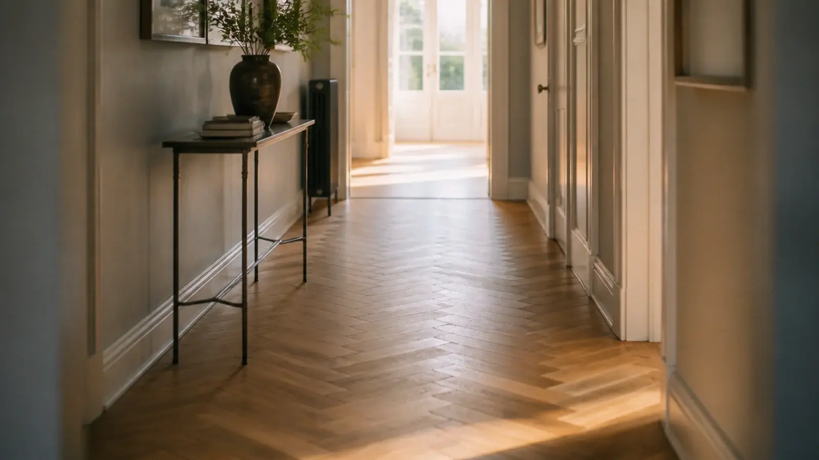 oak herringbone wooden flooring pattern running away toward a bright doorway