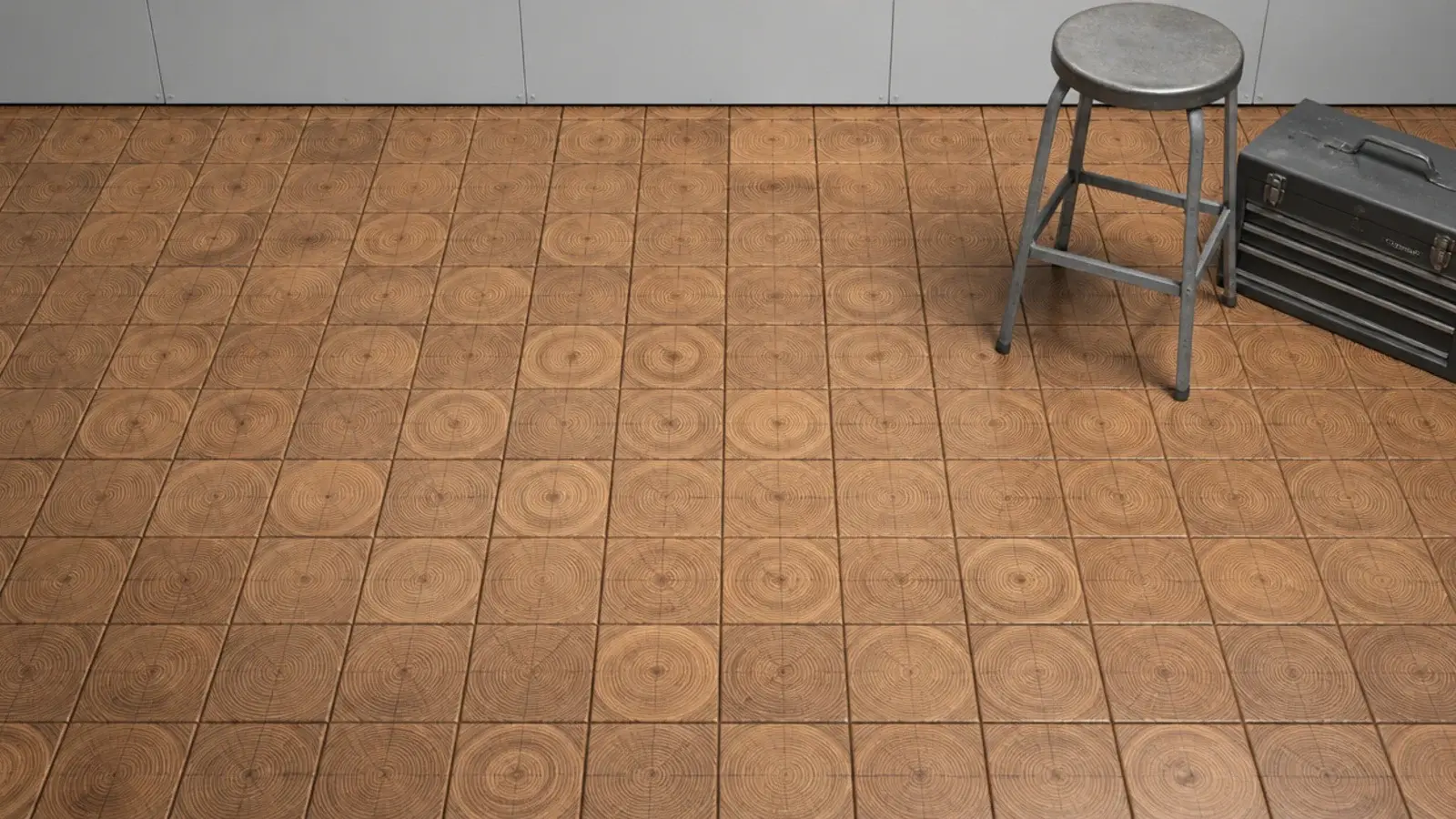 end grain wooden blocks laid tight in a grid across a utility floor