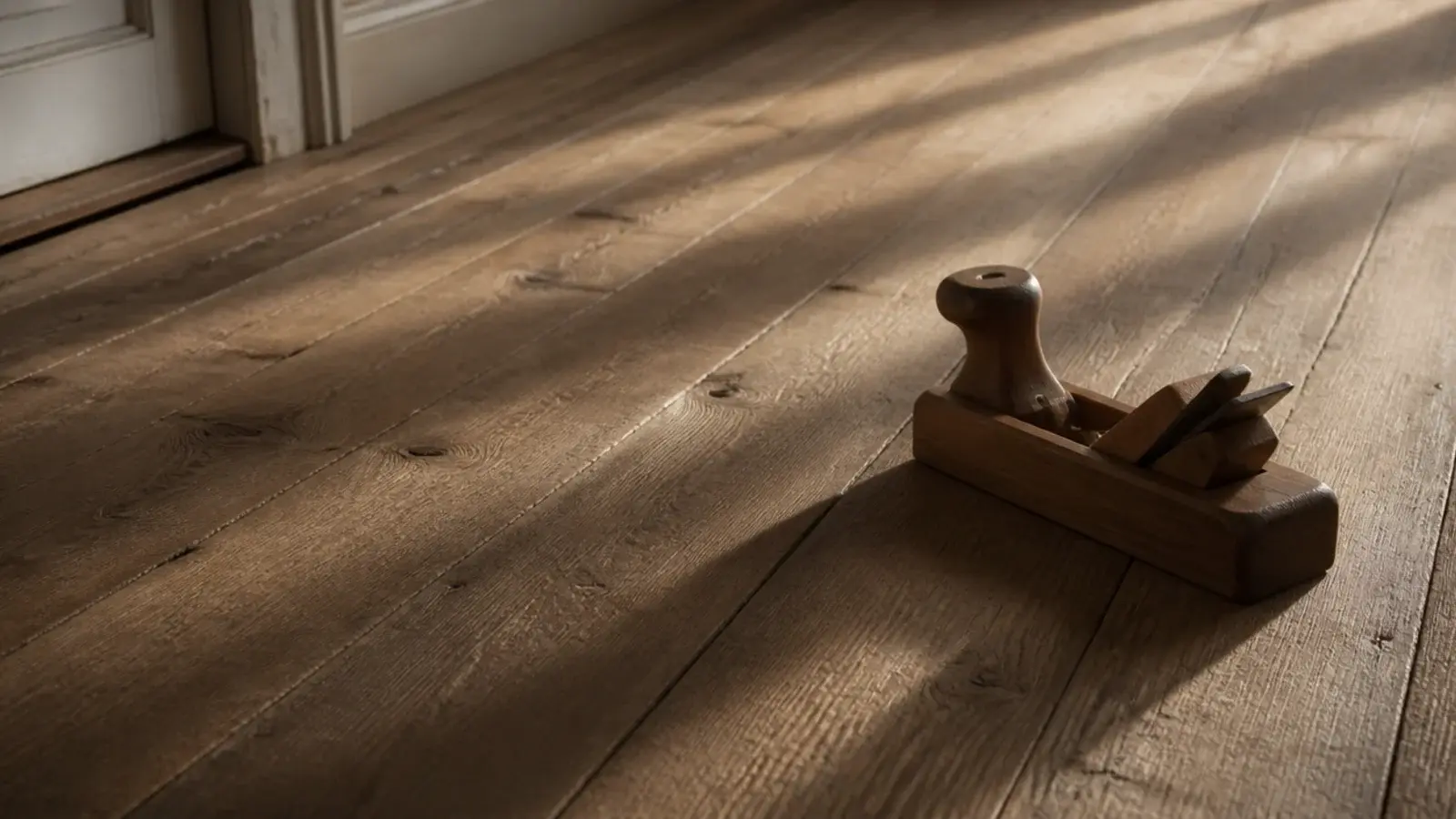 hand planed floorboards with gentle waves visible under long light